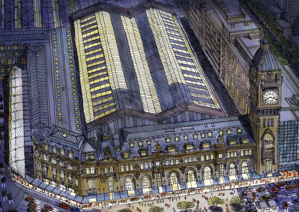 sketch of train station Gare de Lyon, bird eye view. sketched in ink and brushed with water color.