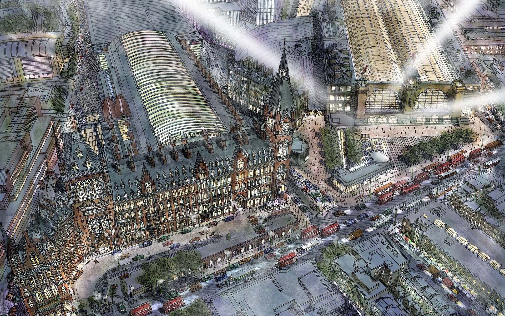 sketch of train station St. Pancras, bird eye view. sketched in ink and brushed with water color.