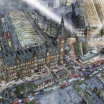 sketch of train station St. Pancras, bird eye view. sketched in ink and brushed with water color.