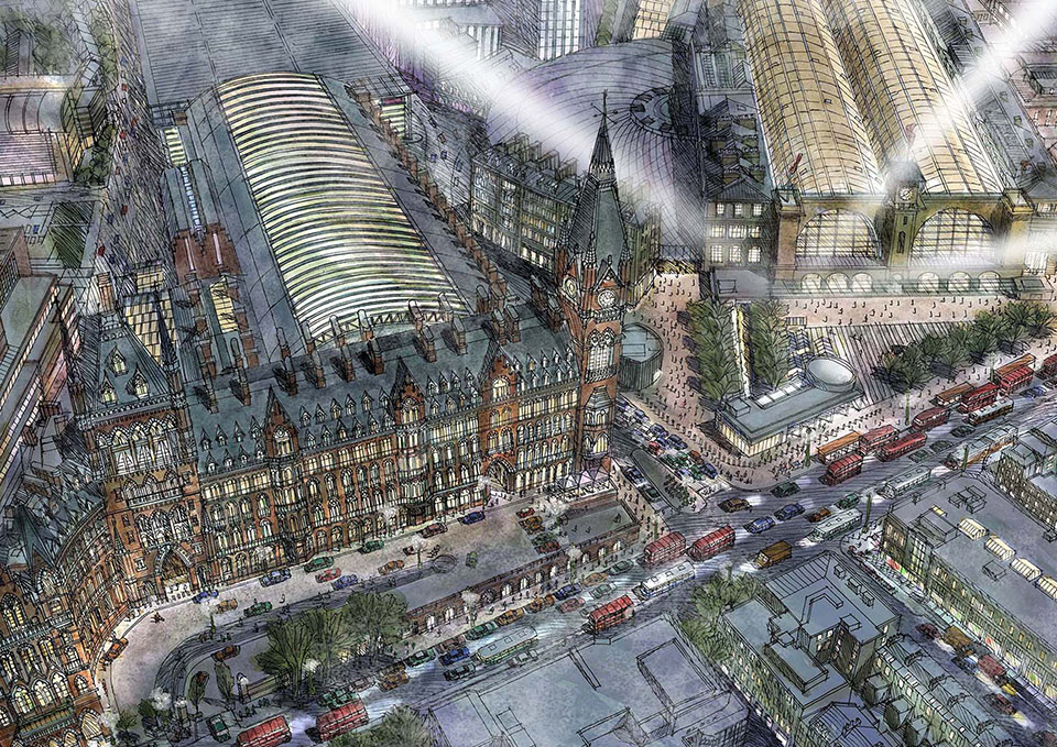 sketch of train station St. Pancras, bird eye view. sketched in ink and brushed with water color.